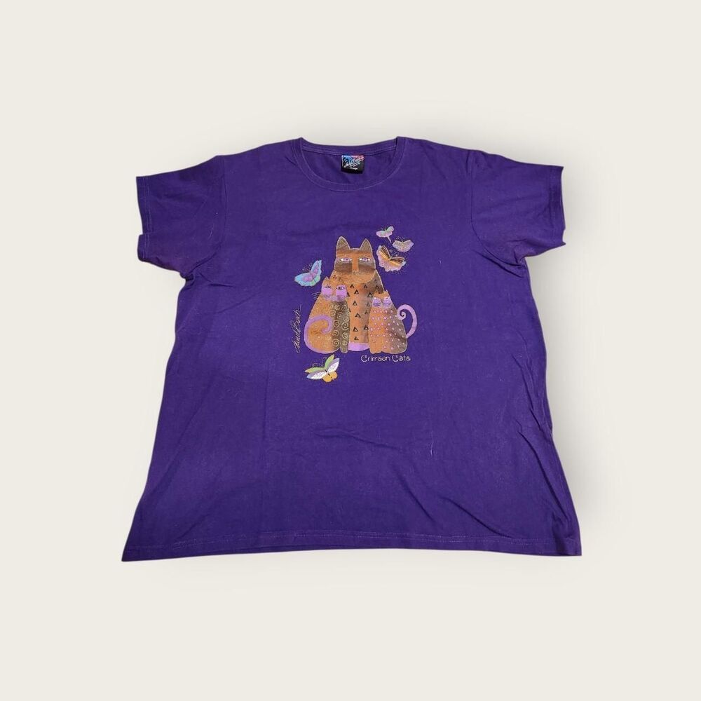 Vintage Y2k early 2000s purple art print funky cat graphic t-shirt